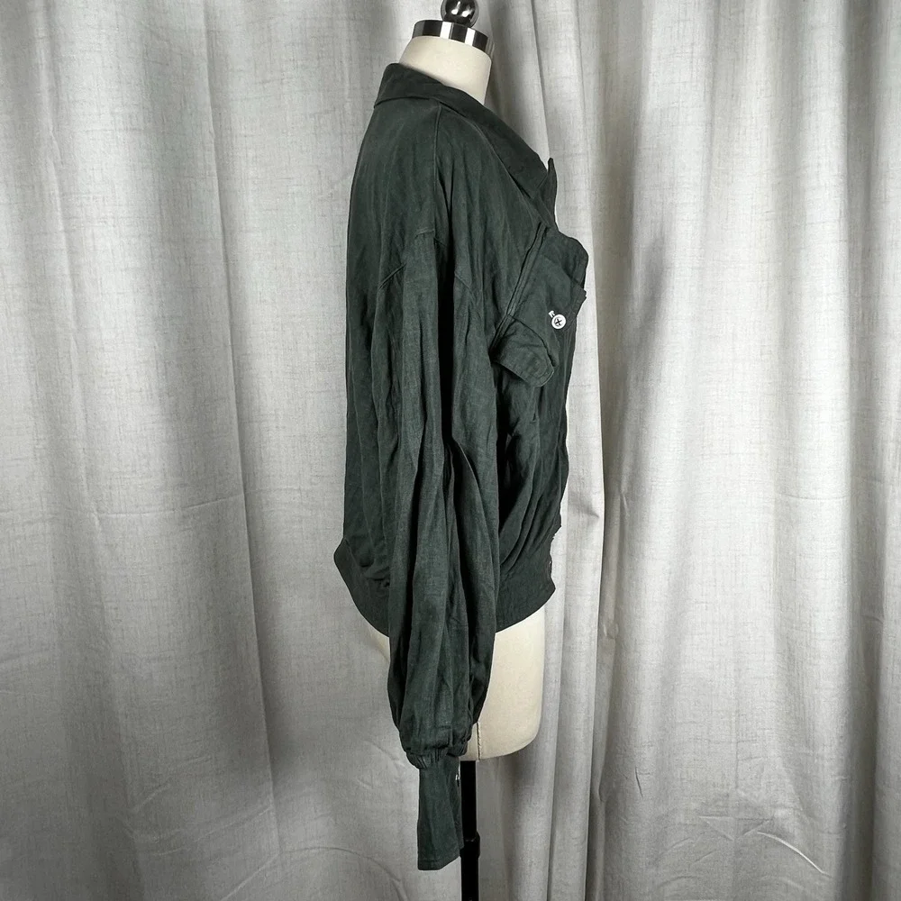 Free People Medium Billy Saddle Linen Blend Button Up‎ Green Crop Jacket Pockets